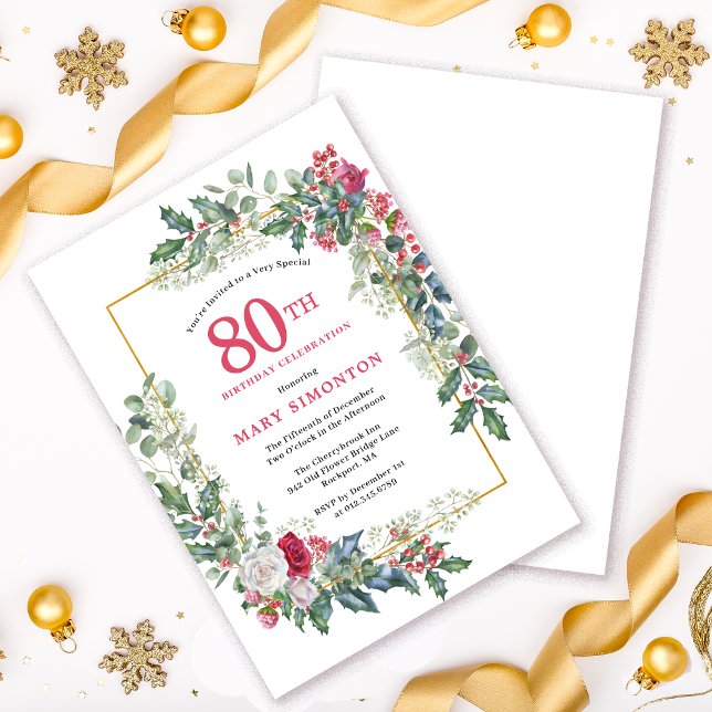 Red White Rose Floral Holly 80th Birthday Party Invitation (Need a matching welcome sign? Party supplies. Message me!)