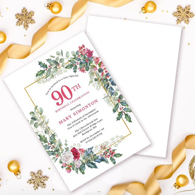 Red White Rose Floral Holly 90th Birthday Party Invitation (Need a matching welcome sign? Party supplies. Messaage me!)