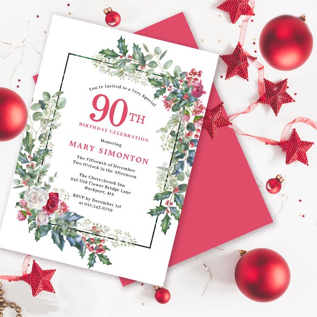 Red White Rose Floral Holly 90th Birthday Party Invitation (Need a matching welcome sign? Coordinating party supplies available. Message me!)