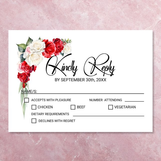 Red White Rose Floral Wedding RSVP Card (Creator Uploaded)