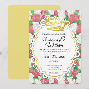 Red & White Rose Wedding Invite - Gold Heading #2