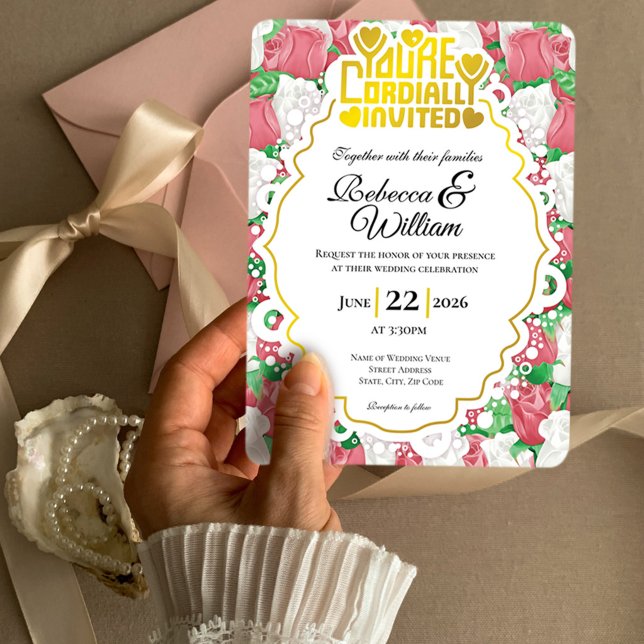 Red & White Rose Wedding Invite - Gold Lettering 4 (Red and White rose background with decorative border wedding invite design with gold heading)