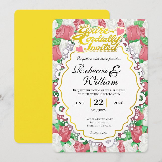 Red & White Rose Wedding Invite - Gold Letters 1 (Front/Back)