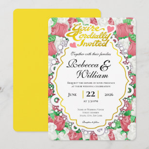 Red & White Rose Wedding Invite - Gold Letters 2