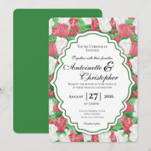 Red & White Rose Wedding Invite - Green Border