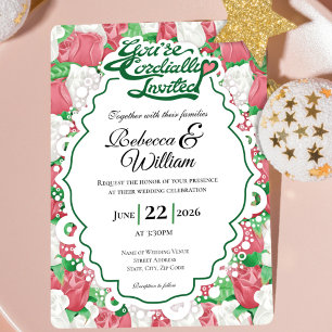 Red & White Rose Wedding Invite - Green Heading 2