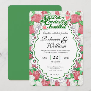 Red & White Rose Wedding Invite - Green Letters 1