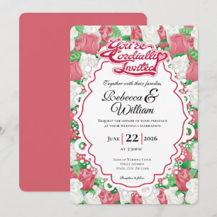 Red & White Rose Wedding Invite - Red Lettering 1