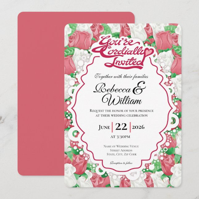 Red & White Rose Wedding Invite - Red Lettering 2 (Front/Back)