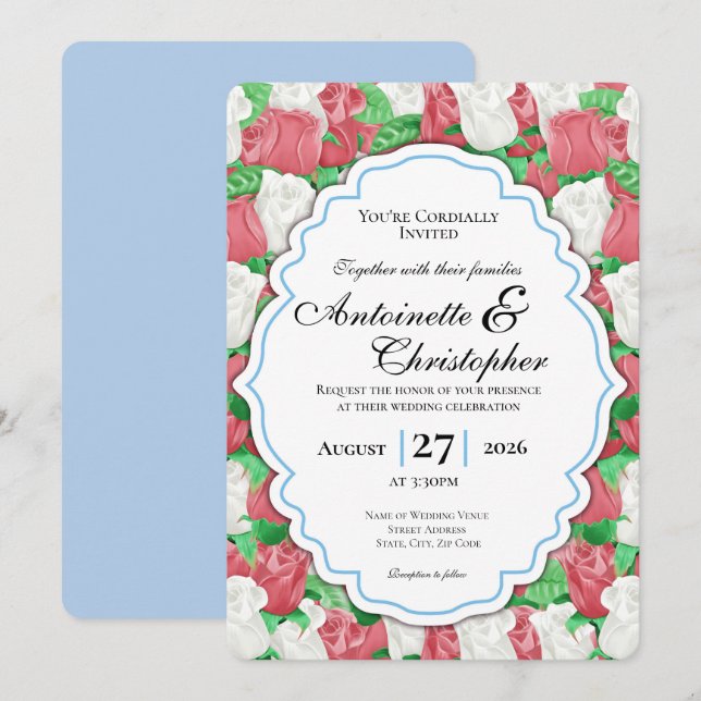 Red & White Rose Wedding Invite with Blue Border (Front/Back)