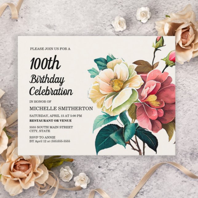 Red White Roses 100th Birthday Invitation Postcard (Creator Uploaded)