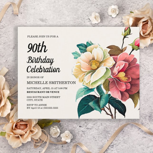 Red White Roses 90th Birthday Invitation Postcard (Creator Uploaded)