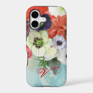 RED WHITE ROSES AND ANEMONE FLOWERS MONOGRAM