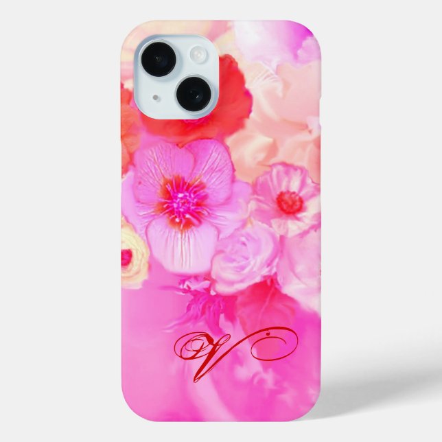 RED WHITE ROSES AND PINK ANEMONE FLOWERS MONOGRAM Case-Mate iPhone CASE (Back)
