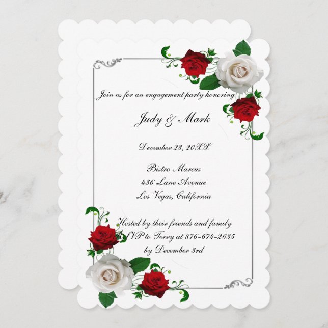 Red & White Roses Christmas Engagement Party Invitation (Front/Back)
