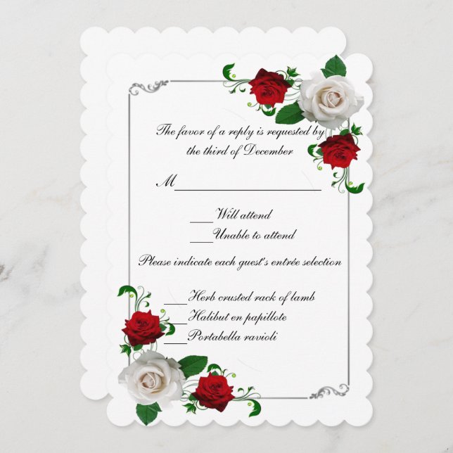 Red & White Roses Christmas Wedding Response Card (Front/Back)