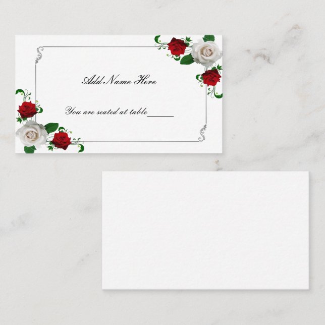 Red & White Roses Christmas Wedding Table Place Card (Front/Back)