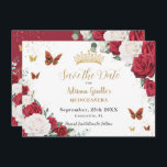 Red White Roses Floral Gold Quinceañera Sweet 16 Save The Date<br><div class="desc">Personalise this beautiful red and white floral Quinceañera / Sweet 16 birthday save the date easily and quickly. Simply click the customise it further button to edit the texts, change fonts and fonts colours. Featuring vibrant red and white roses, butterflies and chic gold elements. Matching items available in store. (c)...</div>
