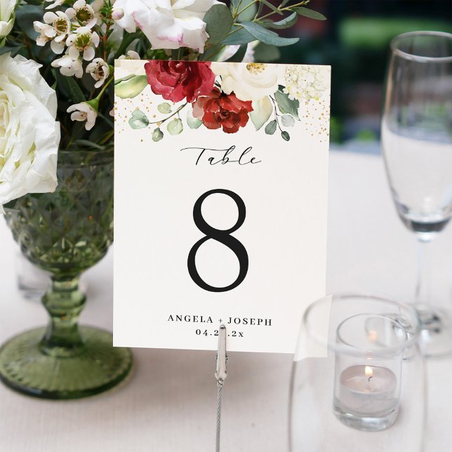 Red White Roses Floral Wedding Table Number Card (Creator Uploaded)