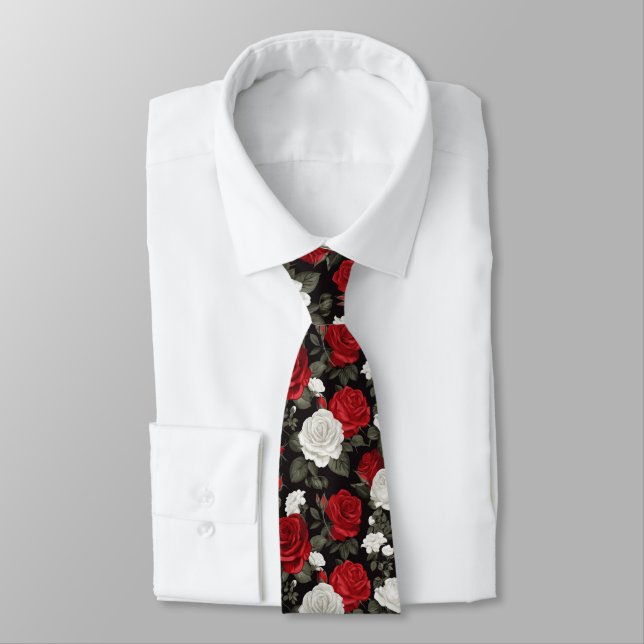 Red White roses flowers pattern Tie (Tied)