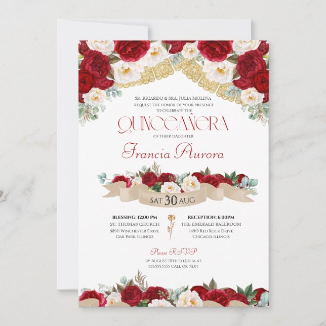 Red White Roses Peonies Elegant Quinceanera Invita Invitation (Front)