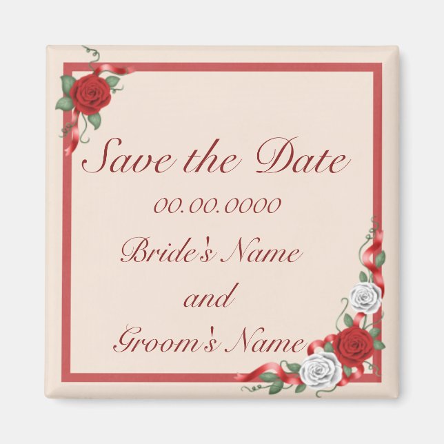 Red & White Roses Save the Date Wedding Magnet (Front)