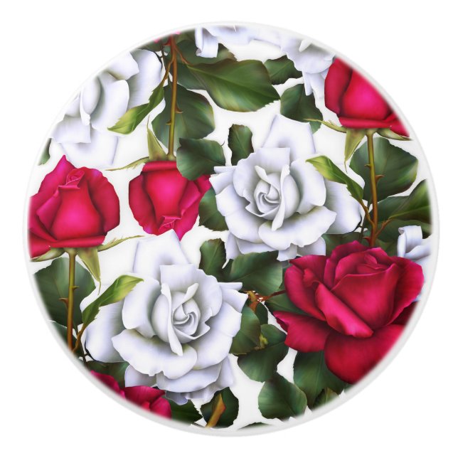 Red & White Roses Shabby Chic Rustic Modern Glam Ceramic Knob (Front)