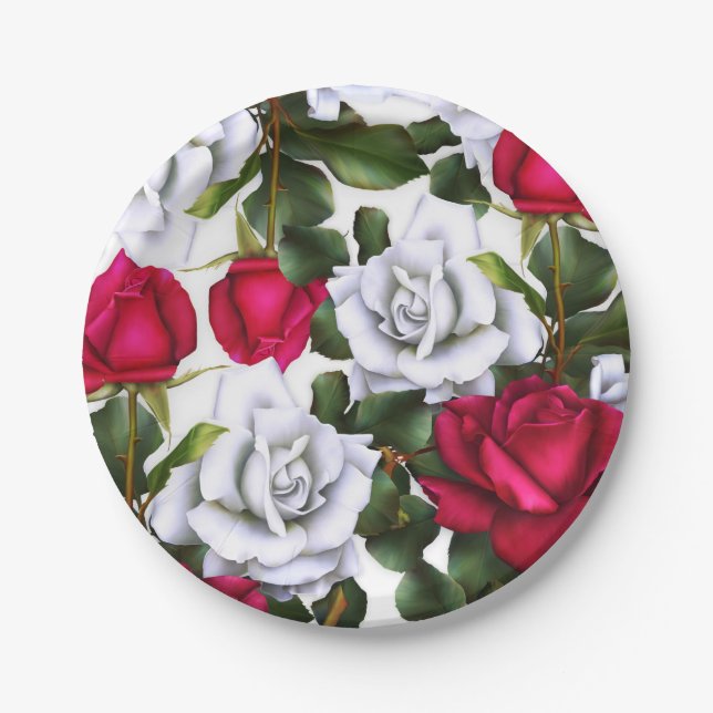 Red & White Roses Shabby Chic Rustic Modern Glam Paper Plate (Front)