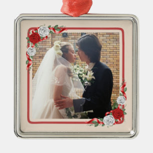 Red & White Roses Wedding Photo Ornament
