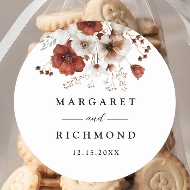 Red & White Rustic Floral Wedding Classic Round Sticker (Creator Uploaded)