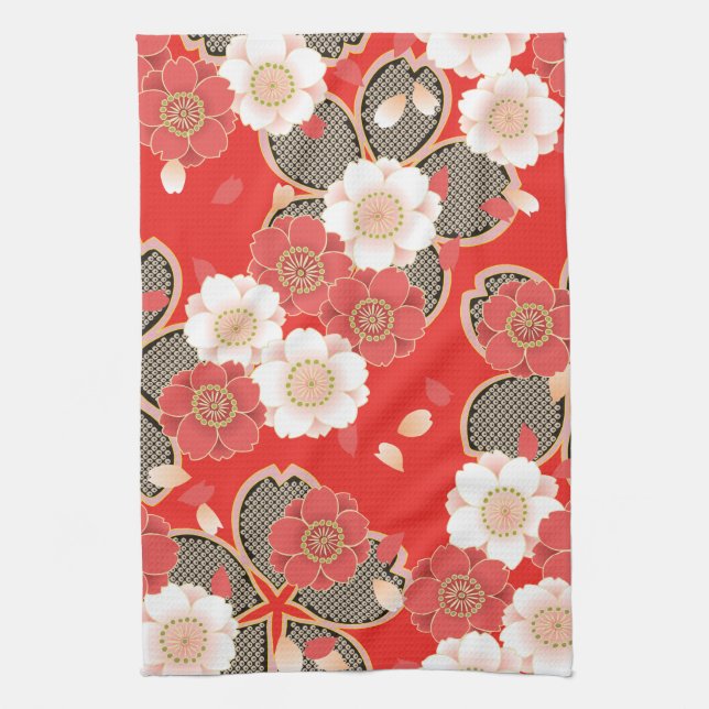 Red & White Sakura Japanese Kimono Tea Towel (Vertical)