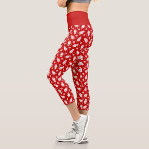 Red & White Santa Claus with Gifts Pattern Capri Leggings