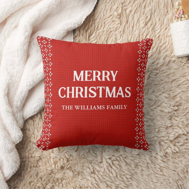 Red White Scandinavian Knitted Merry Christmas Cushion (Blanket)