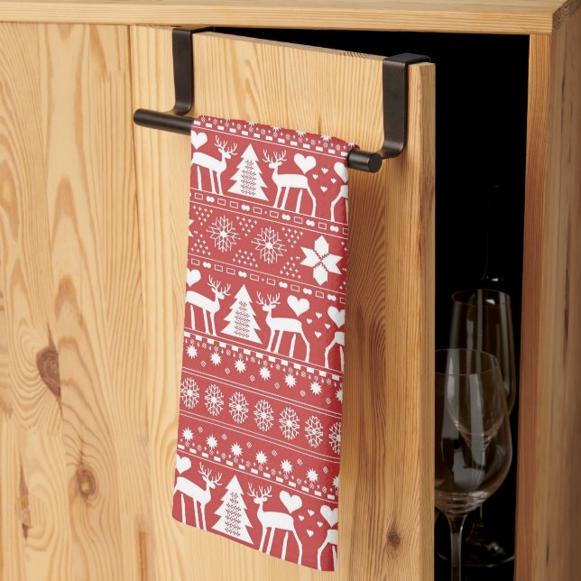 Red & White Scandinavian Nordic Winter Christmas Tea Towel (Thirds Fold)