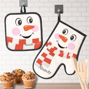 Red White Scarf Christmas Snowman Funny Face Smile Oven Mitt & Pot Holder Set