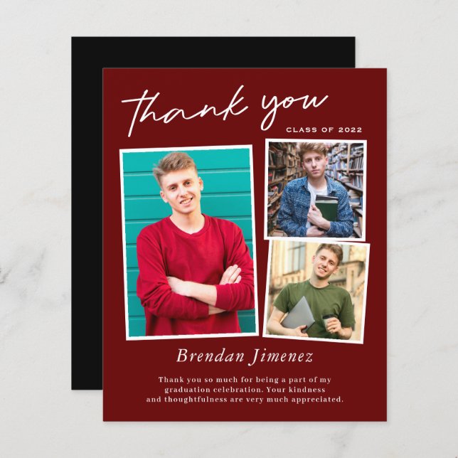 Red White Script 3 Photo Graduation Thank You (Front/Back)