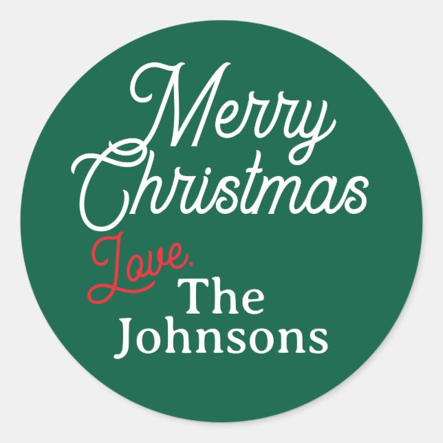 Red White Script Custom Name Merry Christmas Green Classic Round Sticker (Front)