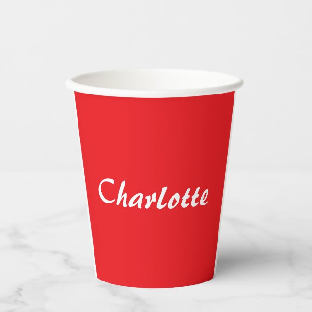 Red White Script Elegant Minimalist Modern Name Paper Cups (Front)