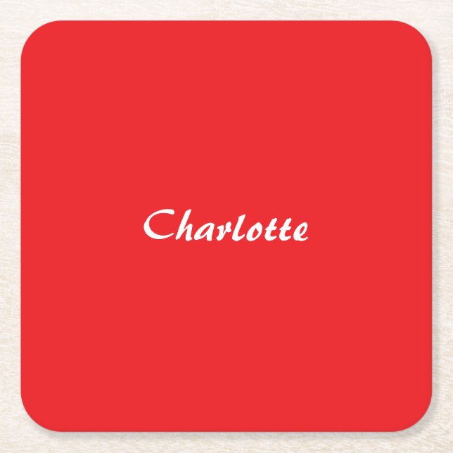 Red White Script Elegant Minimalist Modern Name Square Paper Coaster (Front)