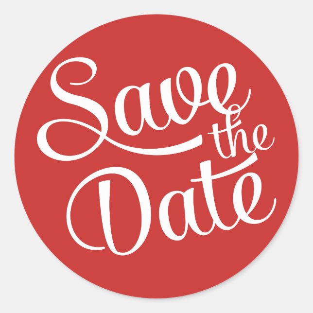 Red White Script Save the Date Classic Round Sticker (Front)