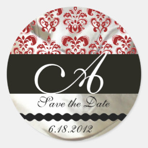 RED & WHITE SILK DAMASK CLOTH MONOGRAM CLASSIC ROUND STICKER