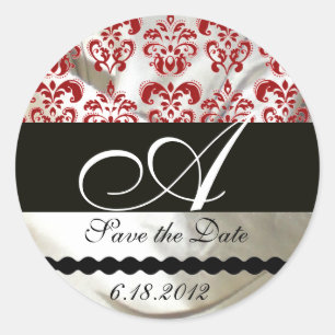 RED & WHITE SILK DAMASK CLOTH MONOGRAM CLASSIC ROUND STICKER