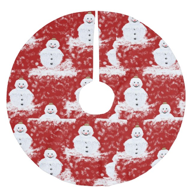 Red White Smiling Snowman Christmas Holiday Brushed Polyester Tree Skirt (Front)