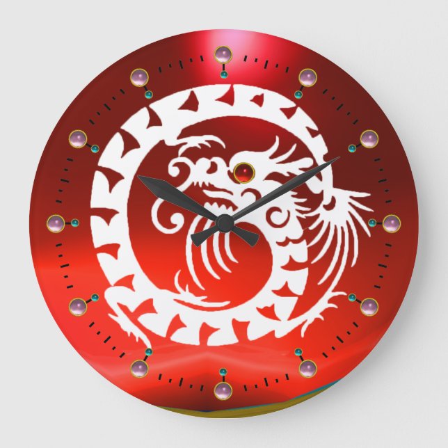 RED WHITE SNAKE DRAGON WITH PINK GEMSTONES LARGE CLOCK (Front)