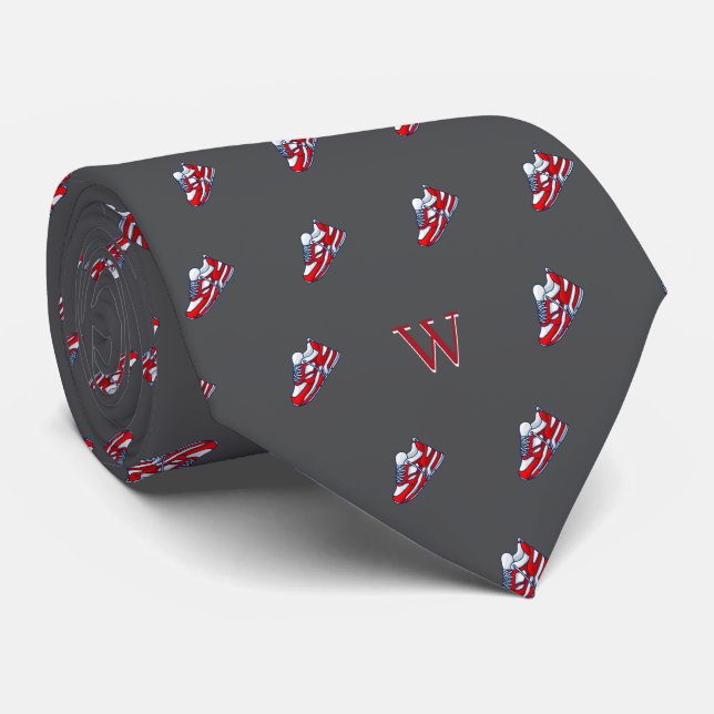 Red White Sneaker Collector Monogram Initial Grey Tie (Rolled)