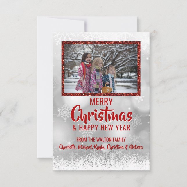 RED White Snow Glitter Christmas New Year | PHOTO Invitation (Front)