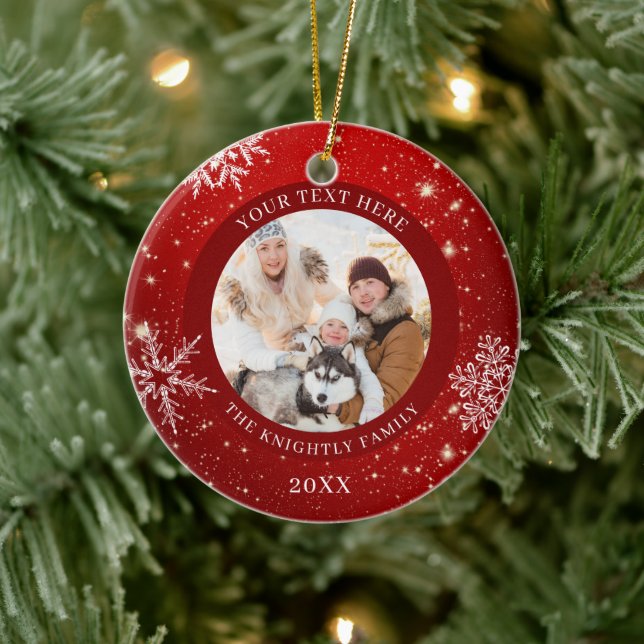 Red White Snowflake 2 Photos Name Ceramic Tree Decoration (Tree)