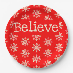 Red White Snowflake Believe Christmas Paper Plate