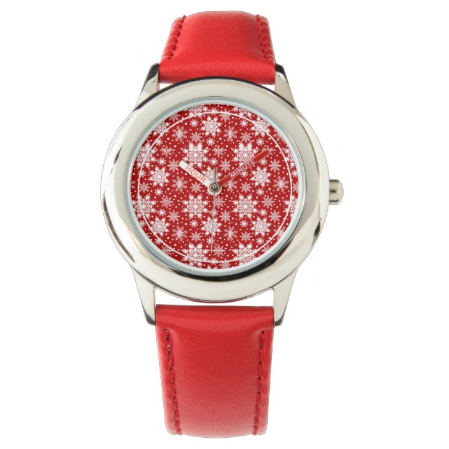 Red & White Snowflake Christmas Classic Pattern  Watch (Front)