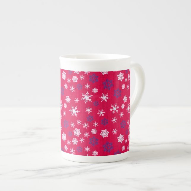 Red White Snowflake Christmas Pattern Bone China Mug (Front Right)